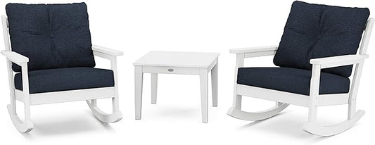 Polywood Vineyard 3-Piece Deep Seating Rocker Set (White/Marine Indigo)