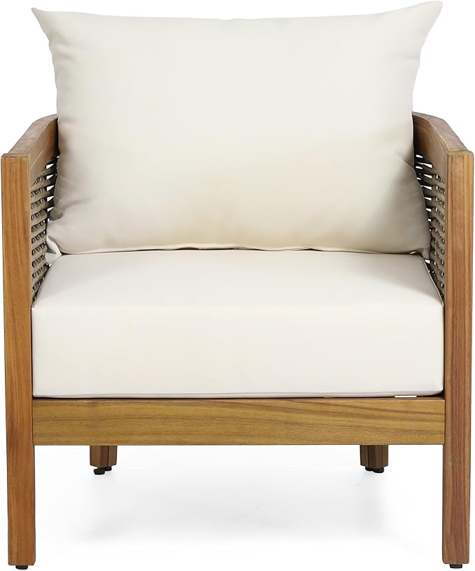 Merax Single Outdoor Acacia Wood Wicker Club Chair with Cushion,Patio Furniture Conversation Seat for Backyard