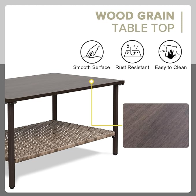 COOS BAY Aurora Terrace Outdoor Coffee Table with 2-Tier Storage, Metal Patio Table for Garden, Balcony, Poolside, Porch, Wood Grain Top