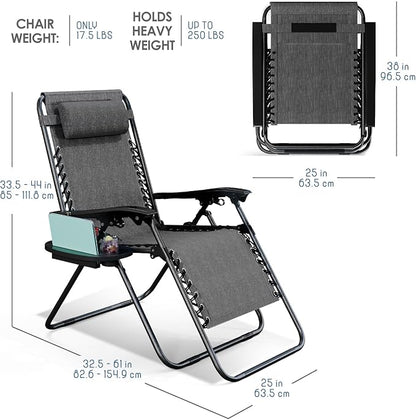 Nestl Zero Gravity Chairs Set of 6, Patio Lounge Chair Outdoor with Pillows & Cup Holder Trays, Adjustable Steel Mesh Reclining Camping Chair, Folding Patio Lawn Chair for Deck, Beach, Yard - Grey