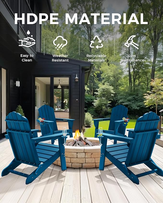 Folding Adirondack Chair, HDPE Adirondack Chair with 2 Cup Holders, Pre-Assembled Outdoor Fire Pit Chairs for Patio - Photo 6