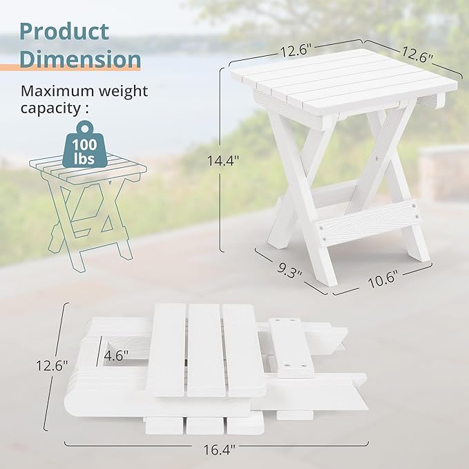 LUE BONA Small Outdoor Folding Side Table, HDPS Outside End Table for Patio, Porch, Deck, Pool, 14 Inch Height, White - Photo 3