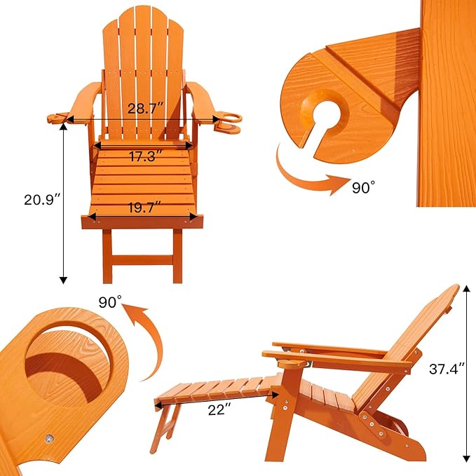 Ergonomic Adjustable Adirondack Chair with Ottoman Set of 2，Folding Adirondack Chair with 2 Cup Holder for - Photo 3