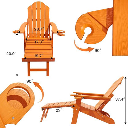 Ergonomic Adjustable Adirondack Chair with Ottoman Set of 2，Folding Adirondack Chair with 2 Cup Holder for Patio，Garden，Backyard，Fire Pit，Orange