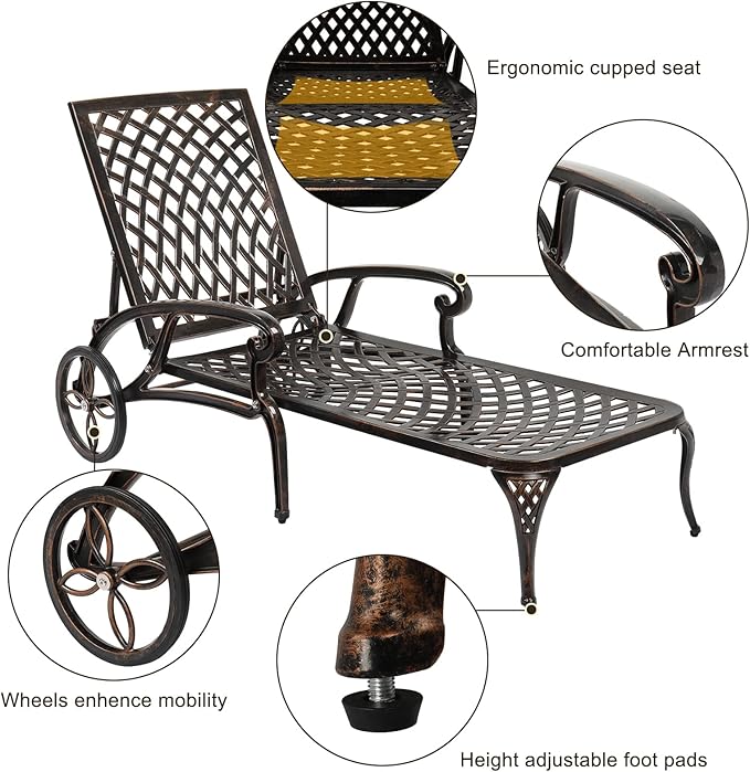 VINGLI Cast Aluminum Outdoor Chaise Lounge Chair with Wheels, Patio Chaise Lounge with 3-Position Adjustable Backrest - Photo 7