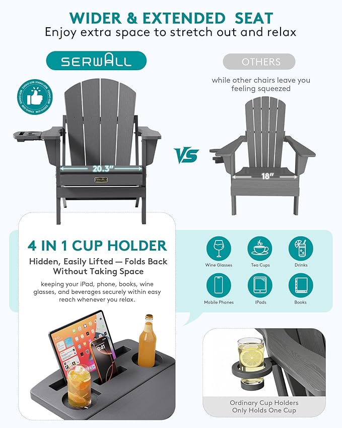 SERWALL Folding Adirondack Chair Set of 4, Outdoor Adirondack Chairs with 4 in 1 Cup Holder, Wood Texture Patio Chairs - Photo 5