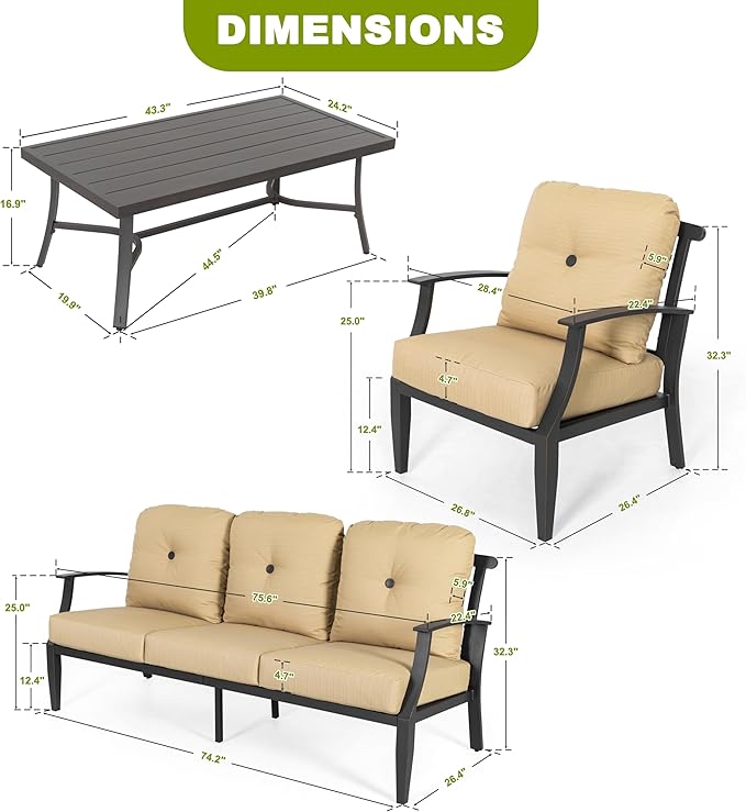 NUU GARDEN 4-Piece Outdoor Patio Sofa Set, Aluminum Conversation Set with Zippered Cushions and Coffee Table, Perfect for Porch, Garden, Backyard, Balcony, or Poolside, Ginger