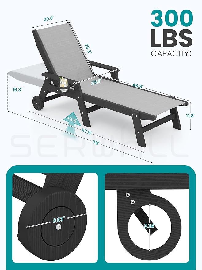 SERWALL Textilene Patio Chaise Lounge Chair Set of 2, 5 Positions Outdoor Lounger with Rolling Wheels for Pool, Deck - Photo 3