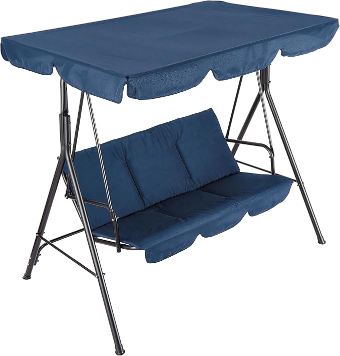 Porch Swing Chair with Adjustable Canopy for Adults 3-Seat Patio Glider Bench with Thick Cushions Steel Frame Outdoor Swing Chair for Backyard Lawn Garden Blue