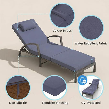 GarveeHome Outdoor Chaise Lounge Set of 2, Weather-Resistant PE Rattan Recliners with 5 Adjustable Positions, Wheels, Armrests, Cushions & Pillows, Collapsible for Poolside, Deck, Blue Cushion