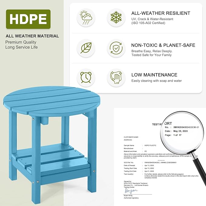 Adirondack Outdoor Side Tables, 2-Tier Round Outdoor Table, Weather Resistant HDPE Patio End Table for Garden, Lawn, Pool, Beach, Porch, Deck, Backyard - Turquoise