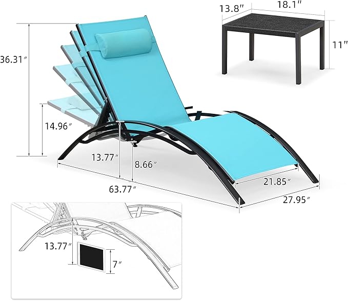 PURPLE LEAF Patio Oversized Chaise Lounge Chair Set with 2 Side Table Poolside Adjustable Recliner Chairs for Outside Beach Outdoor Pool Sunbathing Tanning Lounger