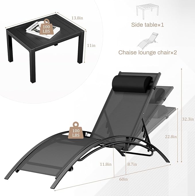 AthLike 3 pcs Poolchairs Patio Chaise Lounge Set with Headrest - Photo 3