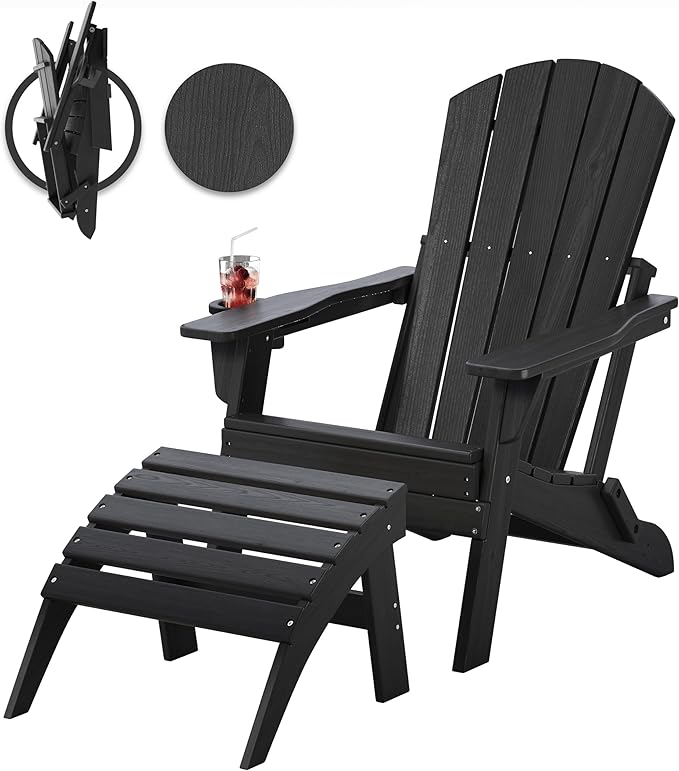 Adirondack Chair with Ottoman Set, HDPE All-Weather Outdoor Footrest, Indoor Outdoor Use on High Back Garden Porch Lounger(Black)