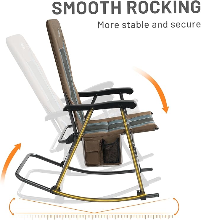 TIMBER RIDGE Outdoor Folding Rocking Chair, 29" Padded High Back Neck & Back Support, Hard Armrests for Easy Stand Up, Stable Steel Frame Supports 300 lb, Quick Fold for Patio, Lawn & RV Camping,Brown