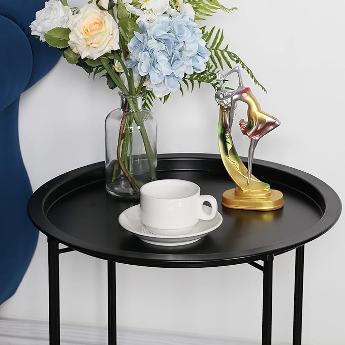 VECELO Side/End Table, Folding Round Metal Anti-Rust and Waterproof Outdoor or Indoor Tray for Living Room Bedroom - Photo 4