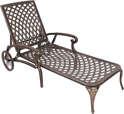 Grepatio Lounge Chairs for Outdoor, Patio Lounge Chaise Cast Aluminum Chairs with Cushion, Chaise Lounge Chair with Adjustable Backrest and Moveable Wheels for Pool Beach (Bronze)