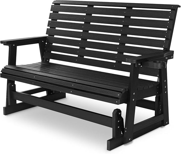 Poly Lumber Patio Glider with Cup Holders, High Backrest and Deep Contoured Seat, HIPS Material, All-Weather Resistant - Photo 1