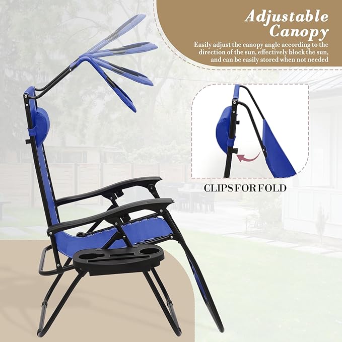 Athena Collection Patio Chairs Set of 2 Reclining Lounge Chair with Cup Holder and Pillow Fabric Camping Chairs with Canopy Foldable Beach Chairs for Garden, Park, Deck, Yard, Poolside, Blue