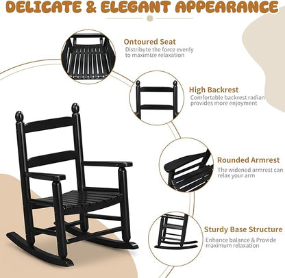 Outvita Kids Rocking Chair, Ergonomic Sturdy Toddler Rocking Chair with High Backrest & Rounded Armrests, Safe Solid Wood Baby Rocker Chair for Age 3-6, Outdoor, Living Room, Reading Room(Black)