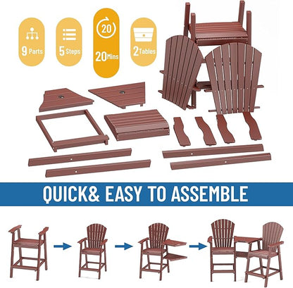 FOOWIN Tall Adirondack Chair Set of 2, All Weather HDPE Bar Height Adirondack Chair with Double Connecting Trays, Adirondack Barstools for Balcony, Deck, Backyard, Patio, Garden Brown