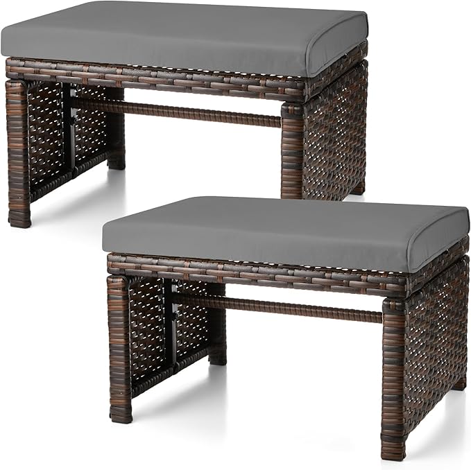 2 Pcs Patio Rattan Ottomans Outdoor Wicker Ottomans Patio Footstool Footrest with Removable Cushion Soft Zippered - Photo 1