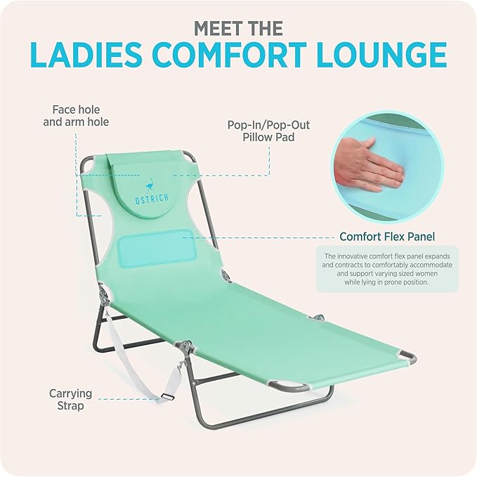 Ostrich the Ladies Comfort Lounger with Chest Support, Foldable and Portable Reclining Outdoor Patio Beach Lawn Camping Pool Tanning Chair, Teal