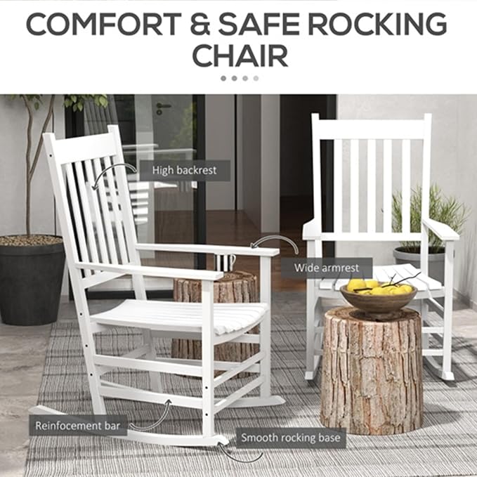 2Pcs Wooden Rocking Chairs, Wood Classic Slatted Patio Porch Rockers for Porches, Backyards, Poolside Balconies, Decks(White)