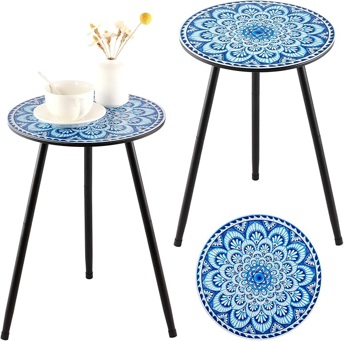 2 Packs Metal Mosaic Round Side Tables 13.4" Small Outdoor Patio Round Accent Coffee Tables Indoor Corner Stand for - Photo 1