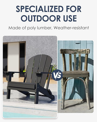Folding Adirondack Chair Set of 6, All-Weather Resistant HDPE Patio Firepit Seats, Sturdy Outside Seating With Cup Holder, 80% Pre-Installed, Load Capacity 385lb, Black