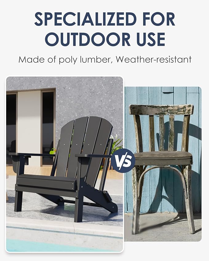 Folding Adirondack Chairs Set of 2, All-Weather Resistant HDPE Patio Firepit Chairs, Sturdy Outside Chairs with Cup Holder, Lawn Chairs, 80% Pre-Installed Load Capacity 385lb, Black