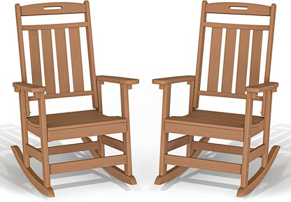 Plawdlik Oversized Outdoor Rocking Chair - All-Weather Resistant,HDPE Heavy Duty Patio Rockers with High Back - Perfect for Porch,Garden,Modern Style Set of 2-Teak