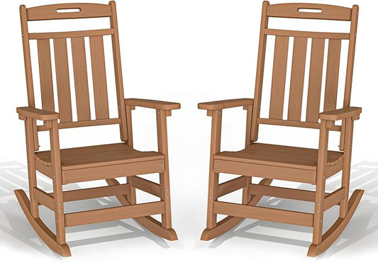 Plawdlik Oversized Outdoor Rocking Chair - All-Weather Resistant,HDPE Heavy Duty Patio Rockers with High Back - Perfect for Porch,Garden,Modern Style Set of 2-Teak