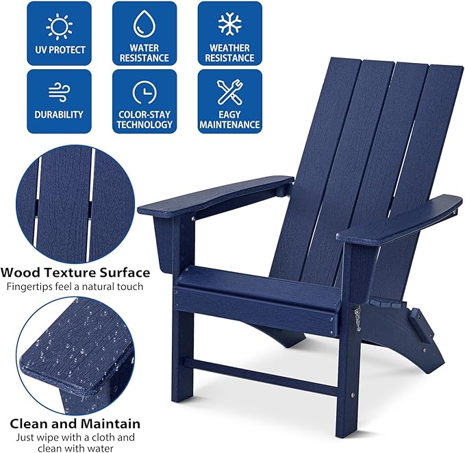 Folding Adirondack Chair Weather Resistant Foldable Fire Pit Chairs HDPE Outdoor Adirondack Chair for Patio Front Porch Pool Garden Deck Fire Pit Outside, Navy Blue