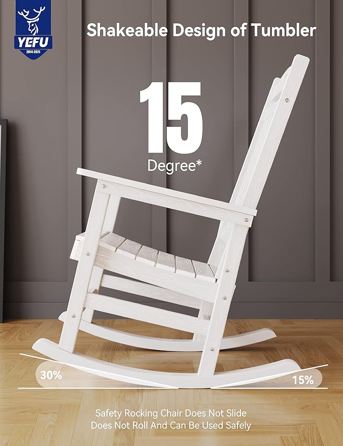 YEFU Outdoor Rocking Chair Porch: Outdoor Patio Rocking Chairs-Oversized Rocker Chair-All Weather Poly Rocker Lawn Chairs for Adult-Seat Area 22"x21"-Backrest Height 31"-380lbs Weight Capacity-White