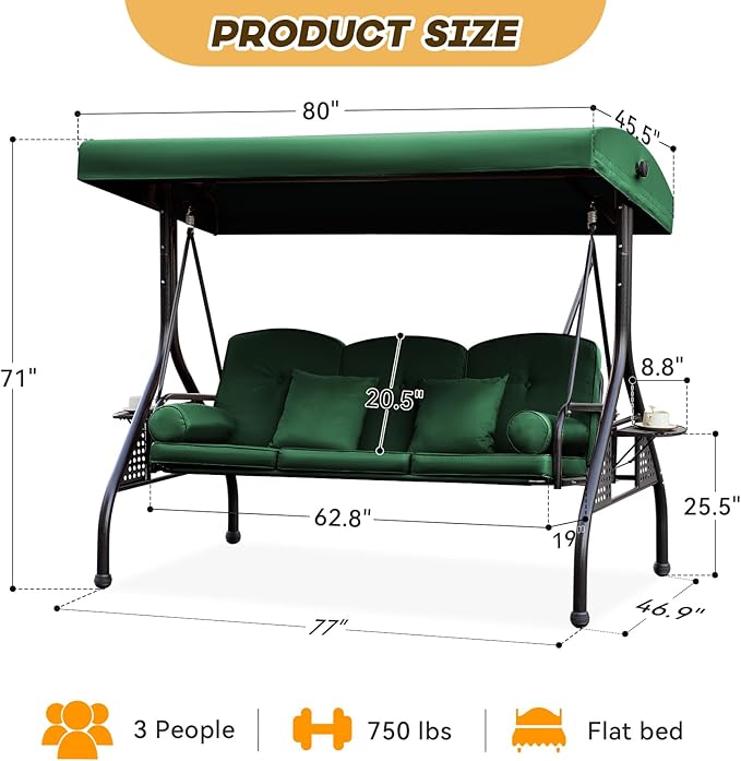 3 in 1 Patio Swing with Adjustable Canopy for Adults, 3 Seat Outdoor Swing with Thickened Cushions - Photo 2