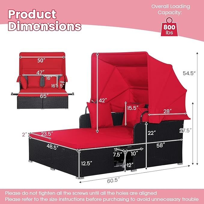 RELAX4LIFE Patio Outdoor Daybed with Canopy, Wicker Sunbed w/Cushions, 4 Pillows & 2 Retractable Side Trays, 2-Person Lounge Bed Conversation for Poolside Porch Garden, Rattan Outdoor Bed (Red)