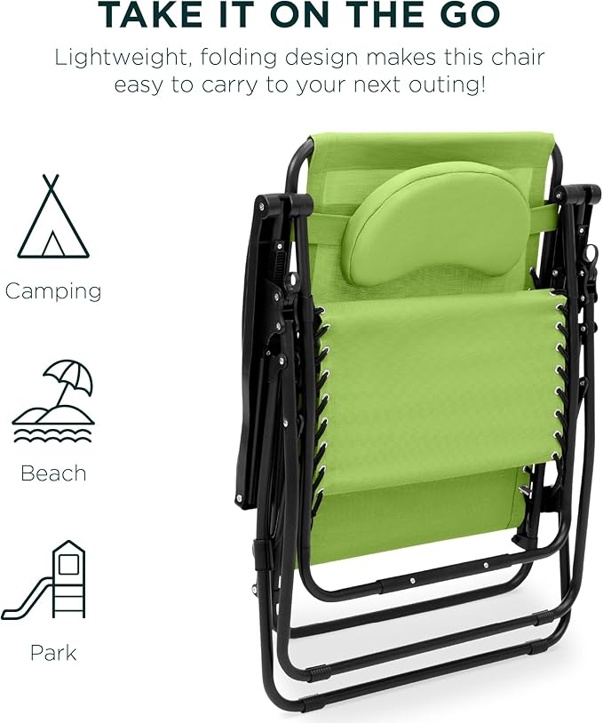 Best Choice Products Oversized Zero Gravity Chair, Folding Outdoor Patio Lounge Recliner w/Cup Holder Accessory Tray, Pillow - Lime Green