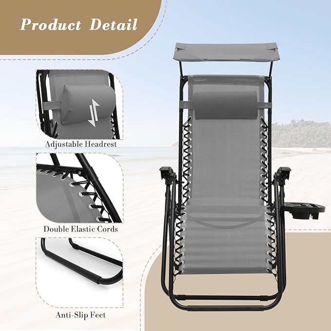 Athena Collection Zero Gravity Outdoor Lounge Chair Set of 2 with Canopy Shade, 25" Width Pool Lounge Lawn Chairs Reclining with Cup Holder, Outdoor Chaise for Beach Patio Outside, Grey