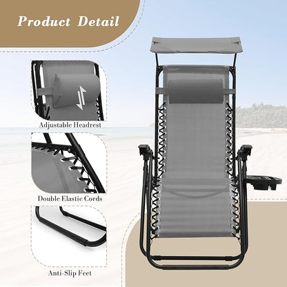 Athena Collection Zero Gravity Outdoor Lounge Chair Set of 2 with Canopy Shade, 25" Width Pool Lounge Lawn Chairs Reclining with Cup Holder, Outdoor Chaise for Beach Patio Outside, Grey