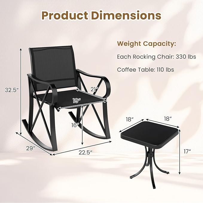 Tangkula 3 Piece Patio Rocking Set, 2 Rocking Chairs with Tempered Glass Side Table - Photo 4