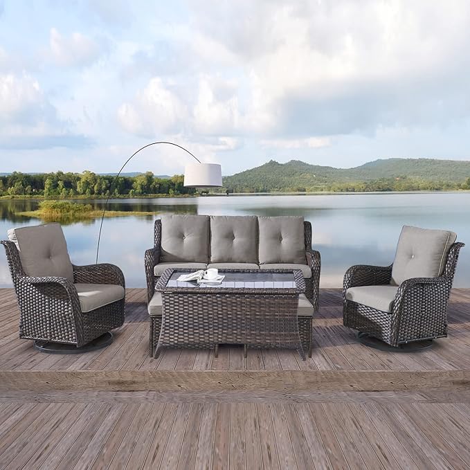 Rilyson Wicker Patio Furniture Set - 6 Piece Rattan Outdoor Sectional Conversation Sets with 2 Swivel Rocking Chairs - Photo 7