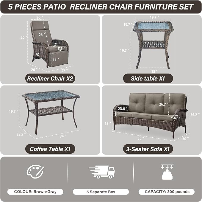 Belord 5 Piece Patio Furniture Set with Recliner Chair - Removable Outdoor Patio Couch Set - Photo 2