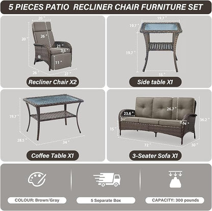 Belord 5 Piece Patio Furniture Set with Recliner Chair - Removable Outdoor Patio Couch Set, Chaise Lounge Chair Outdoor with Adjustable Backrest and Footrest for Casual Gathering Brown/Gray