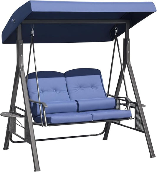Outsunny 2-Person Patio Swing Bench with Adjustable Shade Canopy, Soft Cushions, Throw Pillows and Tray, Dark Blue