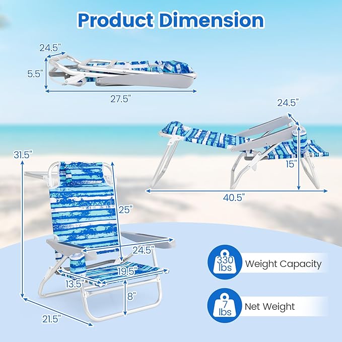 GYMAX Beach Chairs, 2Pcs Folding Camping Chair with Adjustable Backrest, Shoulder Strap, Cup Holder & Headrest - Photo 3