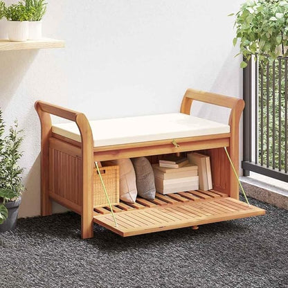 Solid Acacia Wood Outdoor Storage Bench Garden Bench Cream White Natural Wood 36x36x23.6in Rectangular Spacious Storage Modern Design Furniture for Patio Balcony Garden