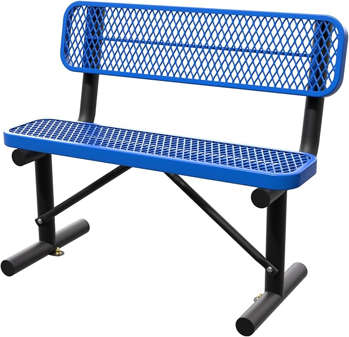 Heavy Duty Park Bench with Back Portable Frame, Outdoor Steel Bench with Backrest, Outdoor Park Bench Expanded Metal Mesh Bench for Lawn, Park, Deck, Garden, Patio, Porch, Black (Blue, 4FT)