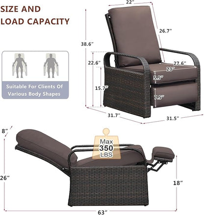 ATR ART TO REAL Outdoor Recliner, Outdoor Wicker Recliner Chair with 5.5'' Thickness Cushions, Automatic Adjustable Rattan Patio Chaise Lounge Chairs, Aluminum Frame, Anti-UV and Rustless (Dark Brown)