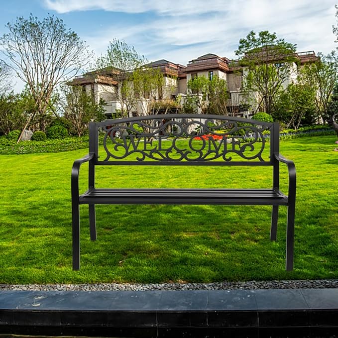 50" Outdoor Garden Bench, Cast Iron Metal Frame Patio Park Bench with PVC Welcome Pattern Backrest,Arch Legs for Park Yard Front Porch Path Yard Lawn Decor Deck Furniture, Black